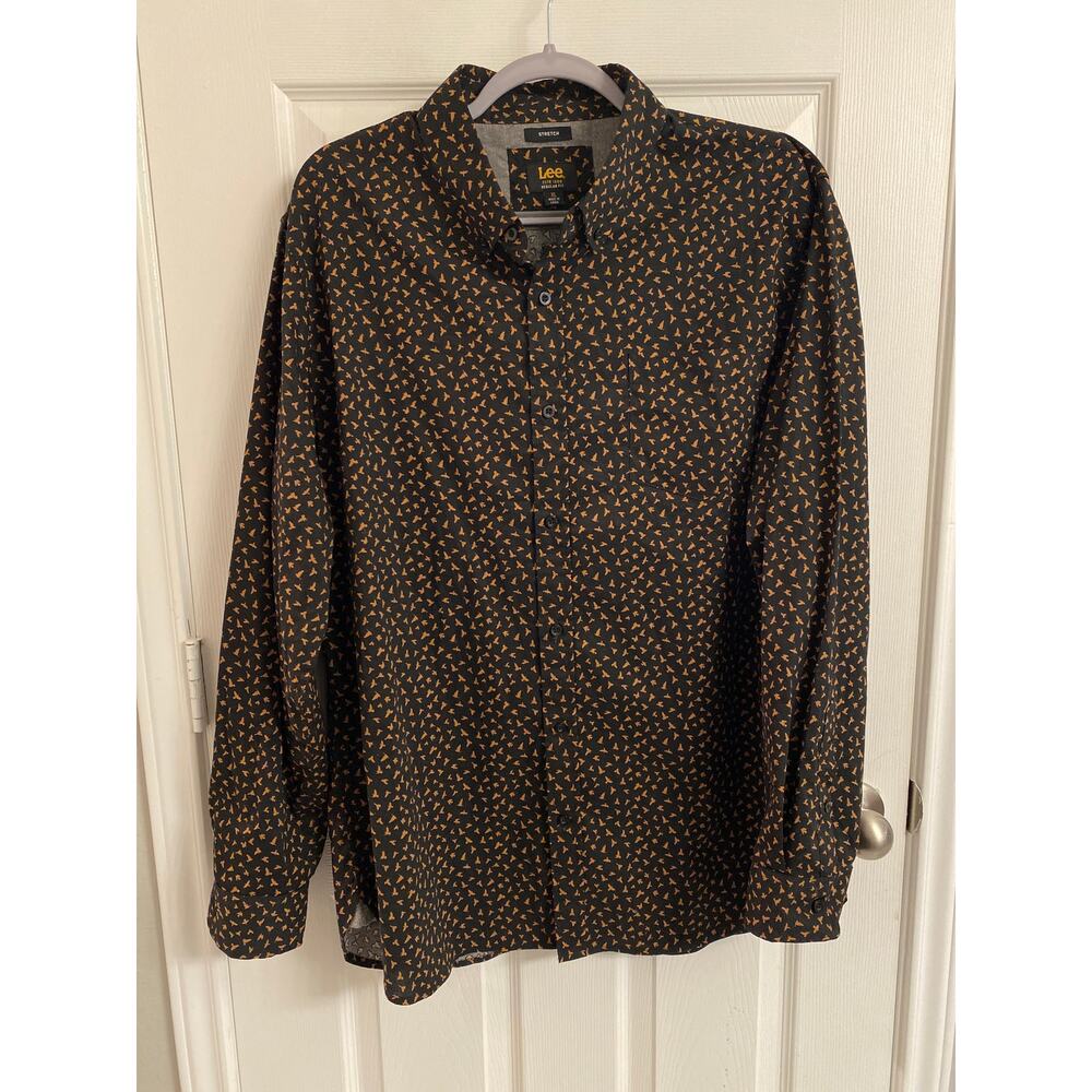 Lee Mens Button Down Shirt Long Sleeve Black Gold Bird Pattern XL